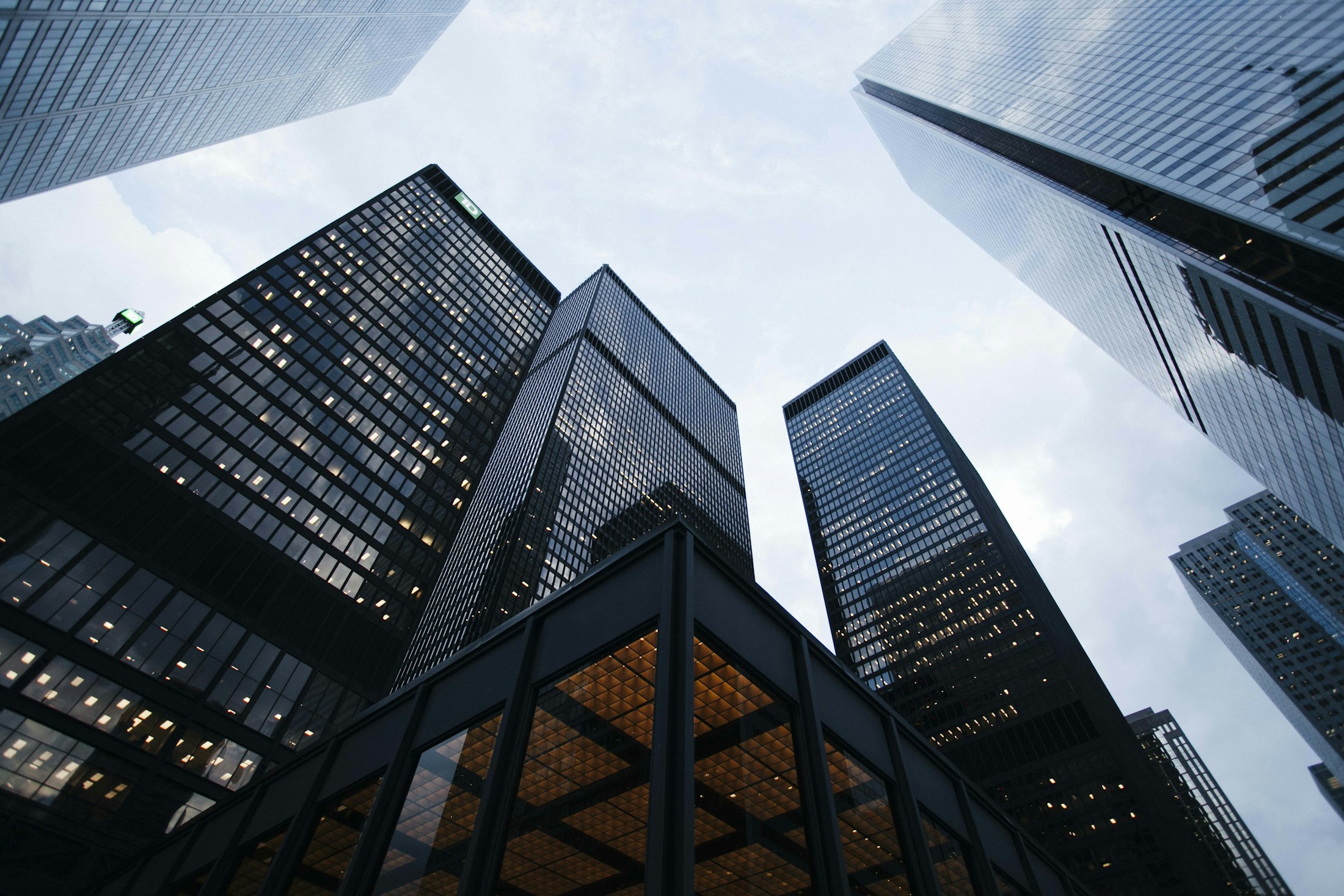 Looking upward through the crisp geometry of contemporary glass buildings